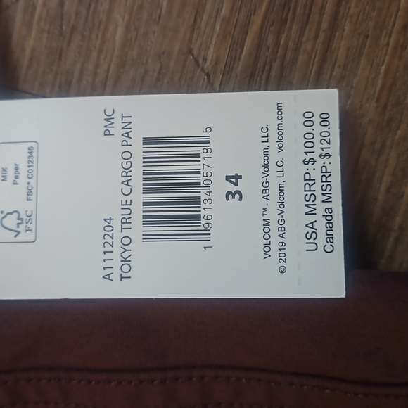 NWT Men's Volcom Maroon "Tokyo True Cargo Pant" w/ good Stretch. - Picture 5 of 8